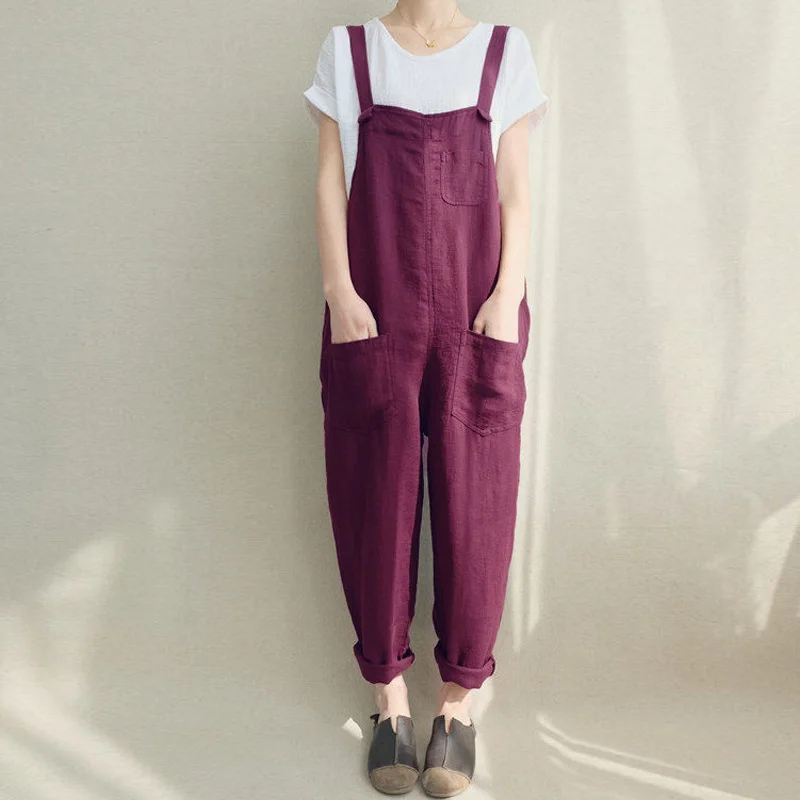 Bib Overalls Rompers Long-Jumpsuits Dungarees Linen ZANZEA Plus-Size Cotton Summer Women