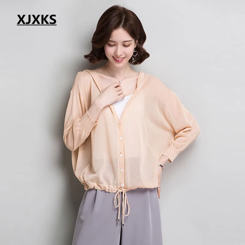 

XJXKS 2019 summer women's sun protection clothing loose plus size fashion bat sleeve thin knitted cardigan women's top