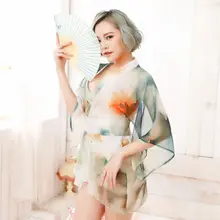 Дамский чернила шифона с принтом кимоно секс-белье, пижамы Low-Cut полупрозрачные Домашняя одежда из трех частей Sleepwears костюм