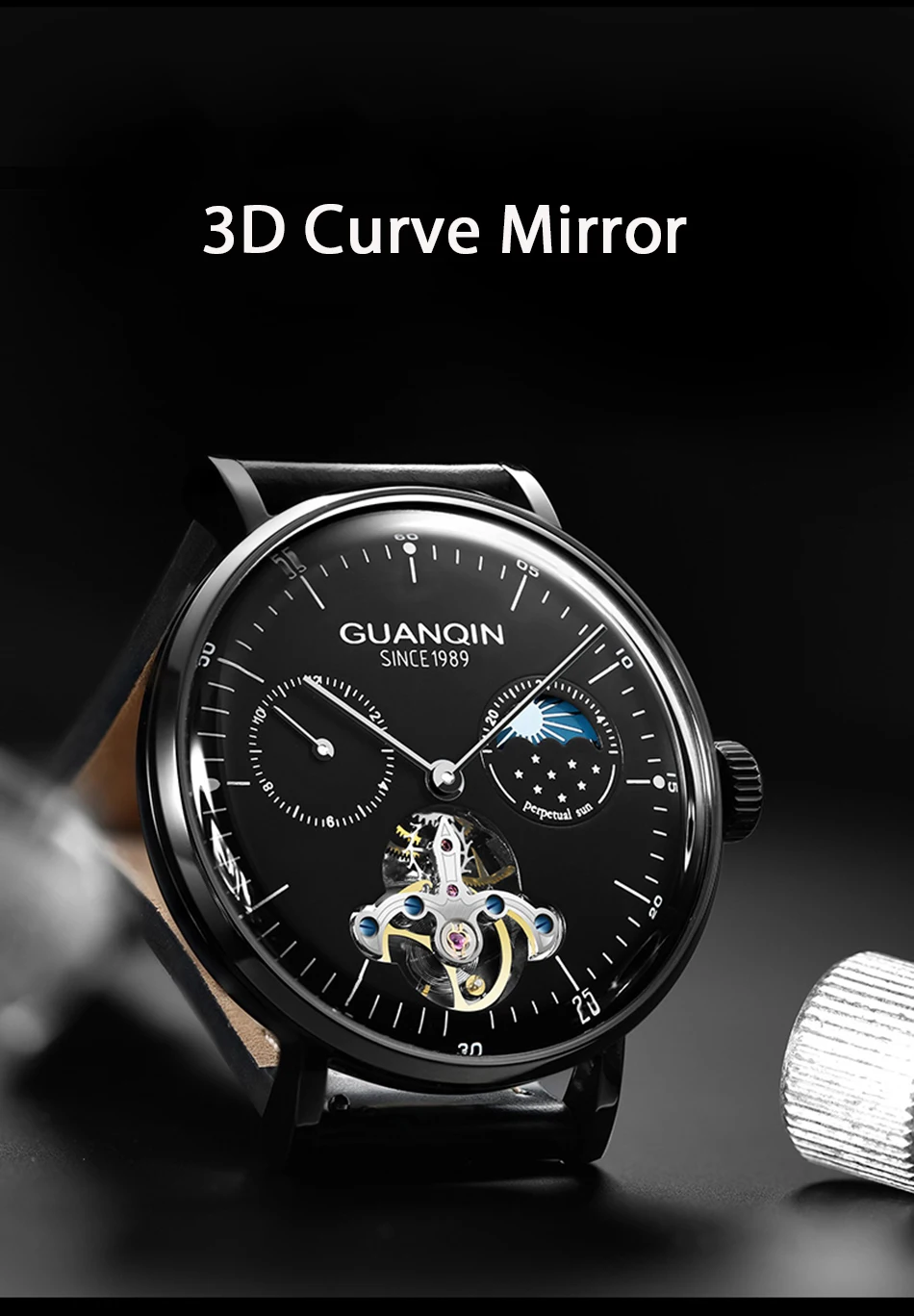 GUANQIN часы Мужские механические 3D Curver Tourbillon автоматические водонепроницаемые часы мужские наручные часы с скелетом 3D Relogio Masculino