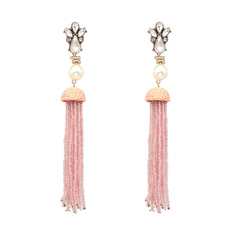 JUJIA 9 COLORS RESIN BEADS TASSEL LONG DANGLE DROP EARRINGS STATEMENT EARRING BEADED TASSEL EARRINGS FRINGED EARRING JEWELRY NHJJ3018