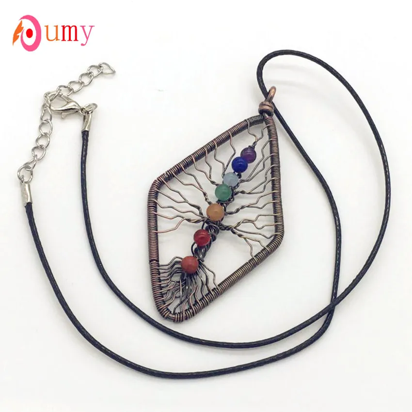 

Kraft-beads Ethnic Style Copper Wire Wrap Tree of Life Pendant 7 Color Stones Necklace Chakra Jewelry