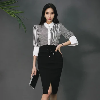 

Fashion women temperament comfortable striped shirt new arrival vintage elegant black pencil skirt 2 pieces sexy women set