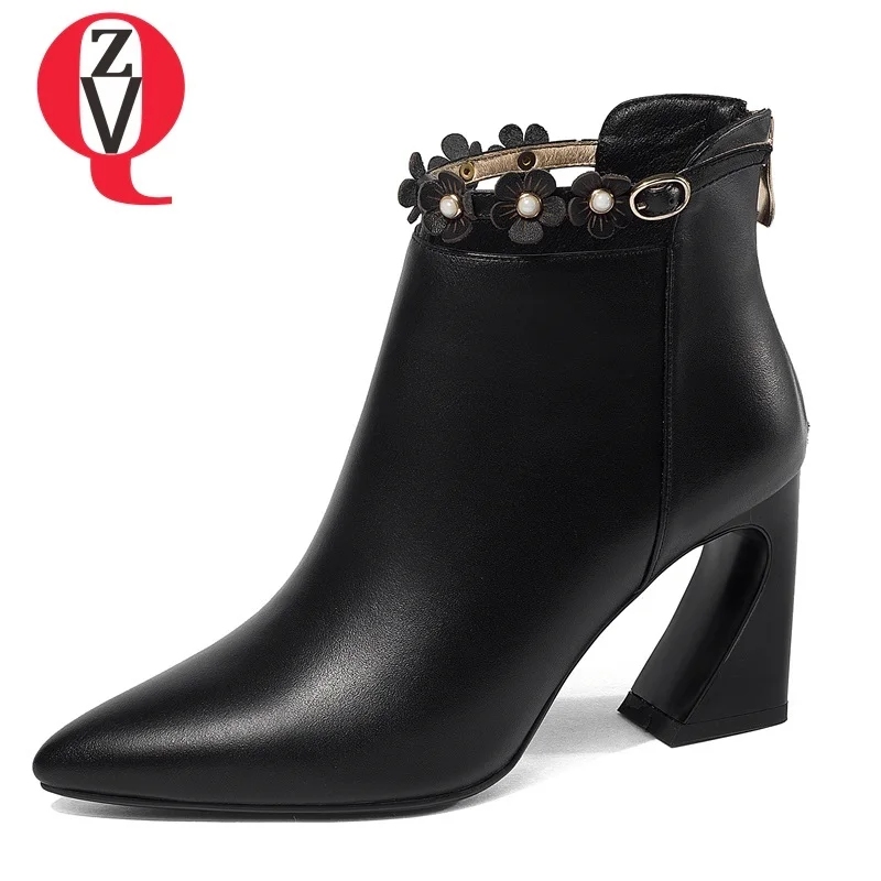 

ZVQ 2018 newest high quality genuine leather pointed toe super high strange style black and beige zip winter plush warm booties