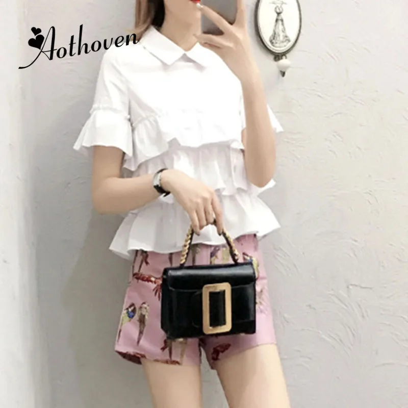 

2 Piece Set 2018 Summer Women Suit OL Business Suit Elegant Party Office Ruffle White Top and Print Shorts Set Two Piece Suit
