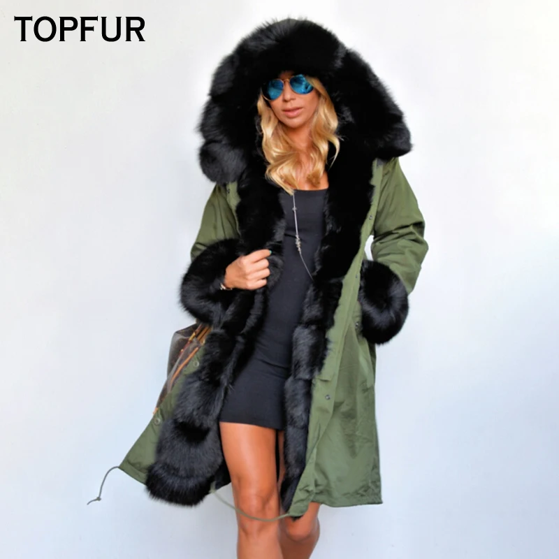 

TOPFUR Navy Green Real Fur Parka Women Winter Rabbit Lining Fox Fur Collar Cuff Luxury Thick Fox Fur Parka Luxurious Casual Plus