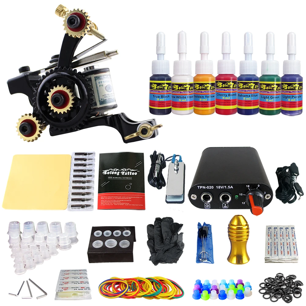 

Solong Tattoo Complete Beginner Tattoo Kit 1 machine Gun 7 Color Inks Power Supply Grips Foot Petal Needles Set TK105-23