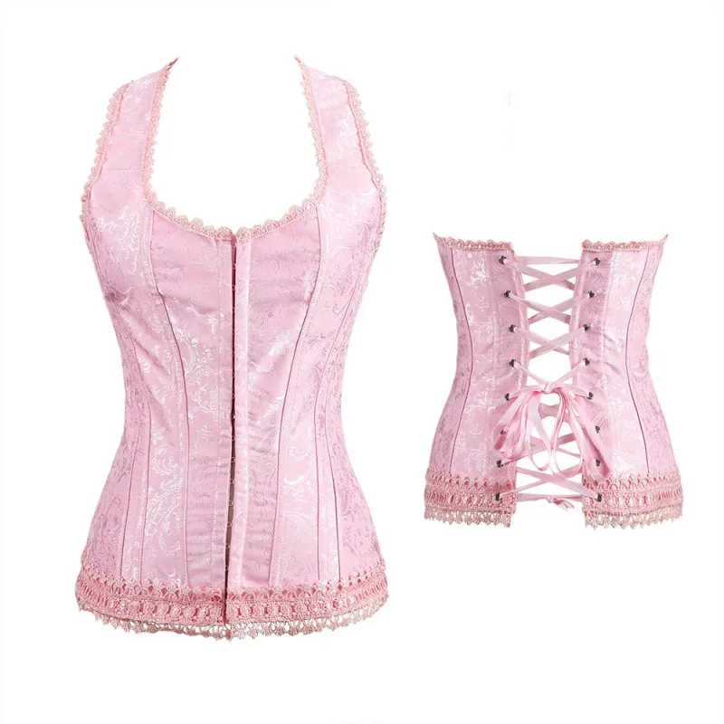 Pink Slimming Appliques Sexy Lingerie Overbust Corset Lace Up Steampunk