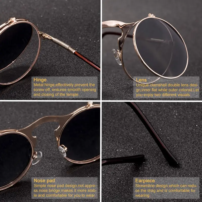 SPLOV Vintage Steampunk Flip Sunglasses Retro Round Metal Frame Sun for Men Women Brand Designer Circle Glasses Oculos_voghion.com