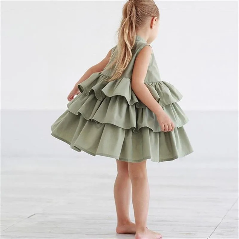 

2018 summer baby girls dress fashion loose solid color ruffles 1-6T kids children sleeveless holiday princess layeres dresses