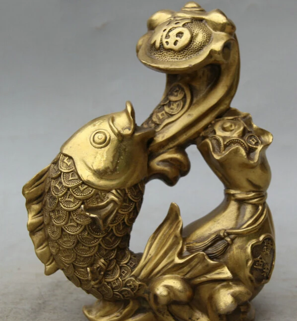 

8" Chinese Folk Brass Animal Fish RuYi Money Bag Wealth Rich Statue Sculpture S0705