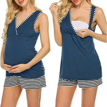 

2PCS Women Maternity Tops Sleeveless Nursing Baby Vest Tops+Stripe Shorts Pajamas Set Women Pregnancy Shirts Blouse Allaitem