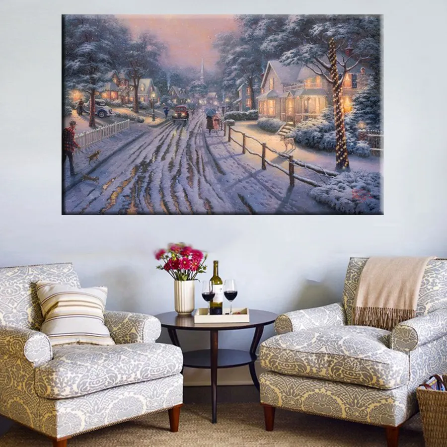 Landscape Street in Snow Night Canvas Painting for Home Decor Cityscape