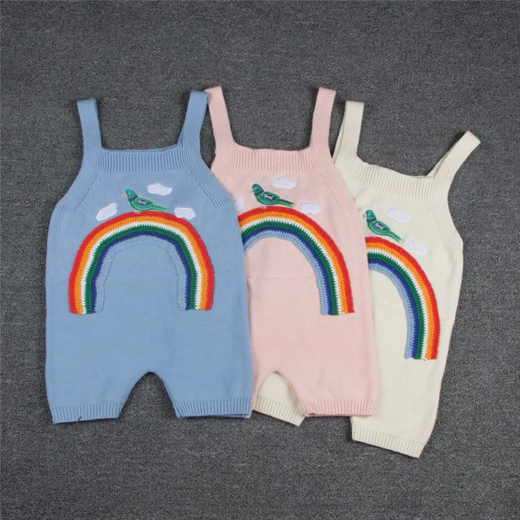 New Knit Pants Rainbow Embroidery Baby Girls Trousers Overalls 0-5yrs Baby Girls Boys Overalls High quality Girls Clothes