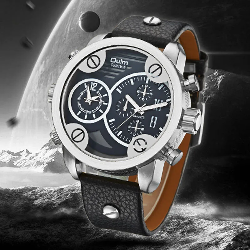 

OUlm Men's Watches Big Dila Dual Time Zones Men Sports Watches Fashion Quartz Leather Watch montre homme 2019 mannen horloge