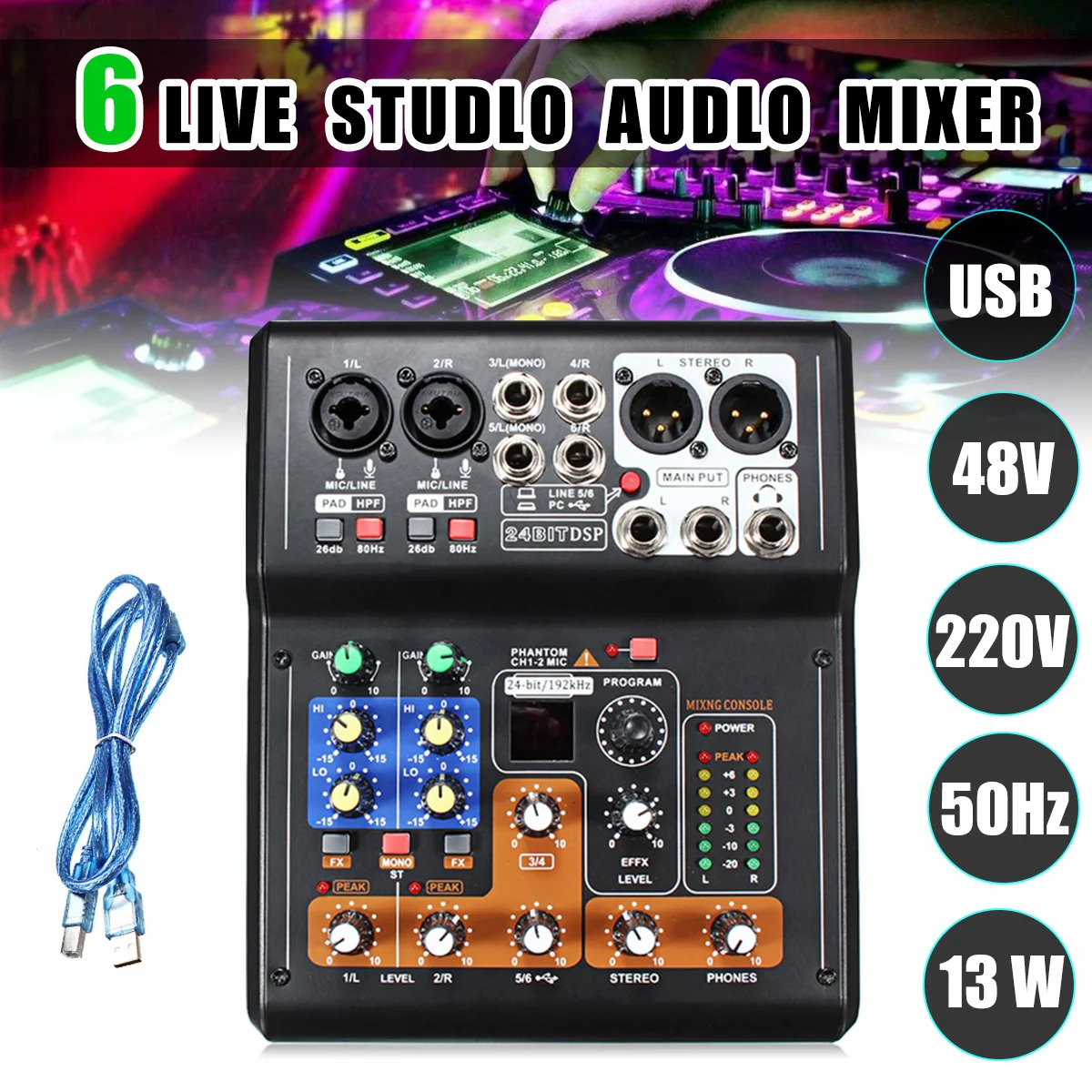 

Professional 6 Channel Live Studio Audio Mixer Phantom Console Mini USB Amplifier Digital Mic Sound For Family KTV DJ Equipment