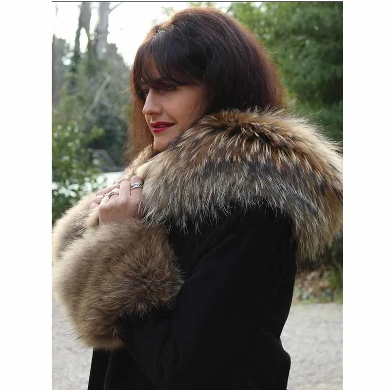 Меховая Sarcar натуральная зимняя меховая куртка с меховым капюшоном женское модное роскошное кашемировое длинное пальто новое черное пальто с воротником из меха енота