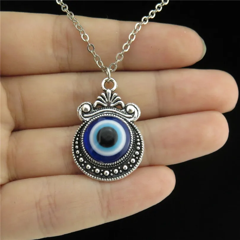 

GLOWCAT Q20A77 Silver Alloy Women Jewelry Acrylic Blue Evil Eye Crafts Mirror Pendant Short Collar Chunky Necklace 18"