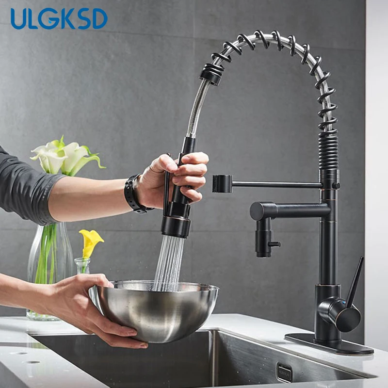 ULGKSD Бронзовый кухонный кран с поворотом на 360 градусов с одной ручкой, распылительная головка Ducha, смеситель для горячей и холодной воды для кухонной раковины