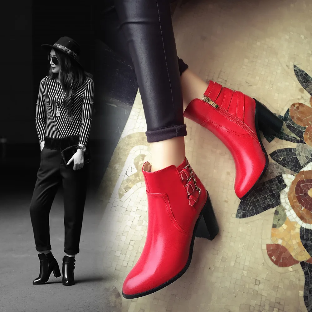 Autumn And Winter Womens Casual Fashion Dress Shoes Pointed Toe Belt Buckle Ankle Boots Chunky High Heel Booties