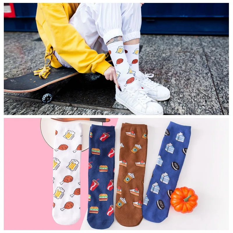 

Funny Socks Cotton Cute food Print Women's Socks Meias Retro Embroidery Long Colorful Funny Socks Women Girls Multicolor Sock