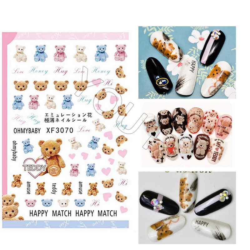 

Love Bear Nails Sticker for Nail Decoration Back Glue Nails Art Stickers Decals Design Manicure Cute Pink Transfer Foil Decals