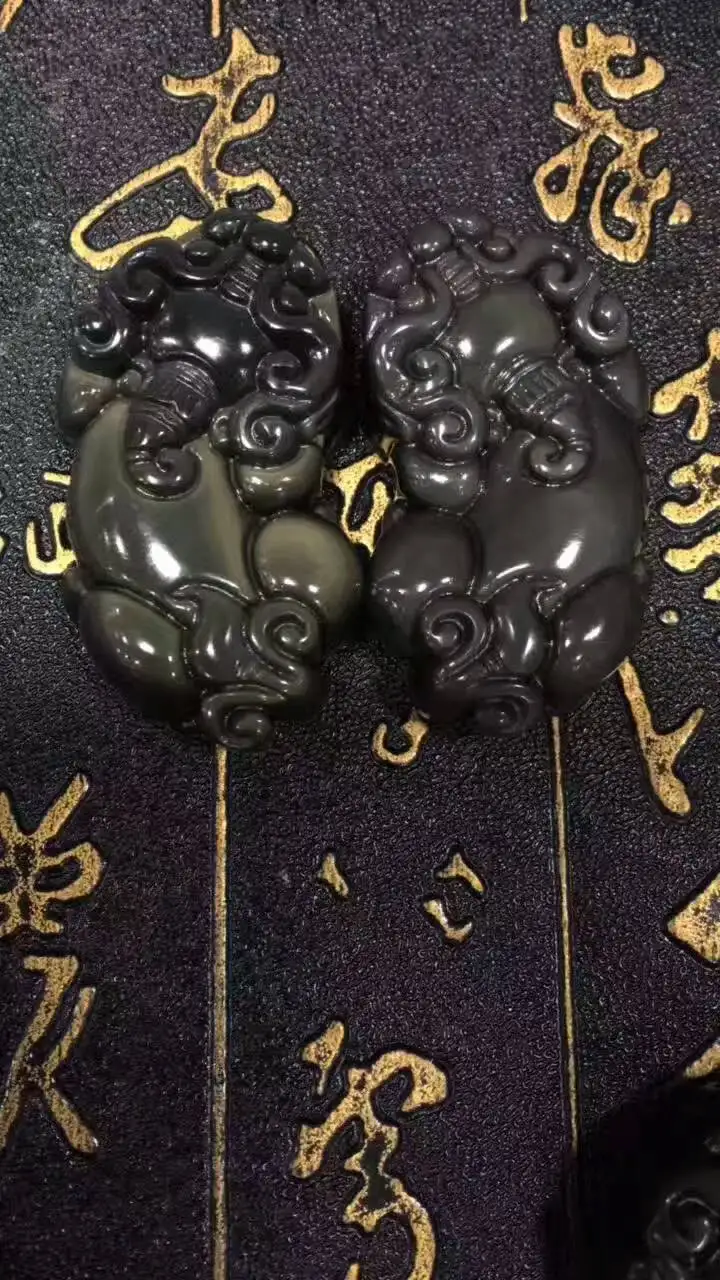 

free shipping 1Pair Carved Natural color Black Obsidian Cute Pixiu Stone Pendant+Rope Necklace pendant