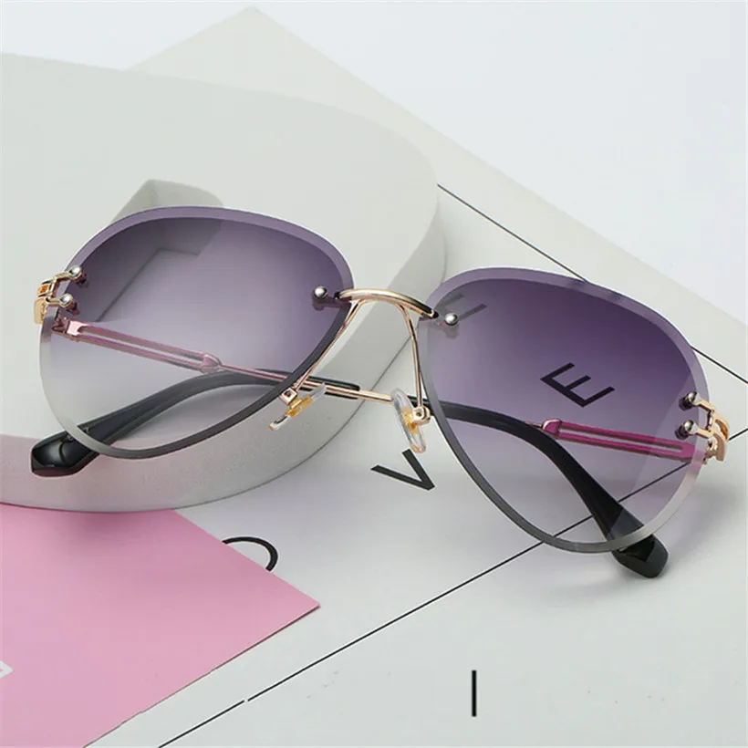 Солнцезащитные очки без оправы для женщин, фирменный дизайн, солнцезащитные очки, градиентные оттенки, режущие линзы, дамские бескаркасные металлические очки UV400 - Цвет линз: Gray