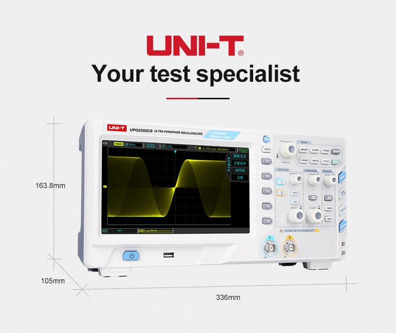 UNI-T UPO2202CS ультра люминесцентный Осциллограф 2 канала 200 МГц полоса пропускания 1GS/s частота дискретизации USB связь