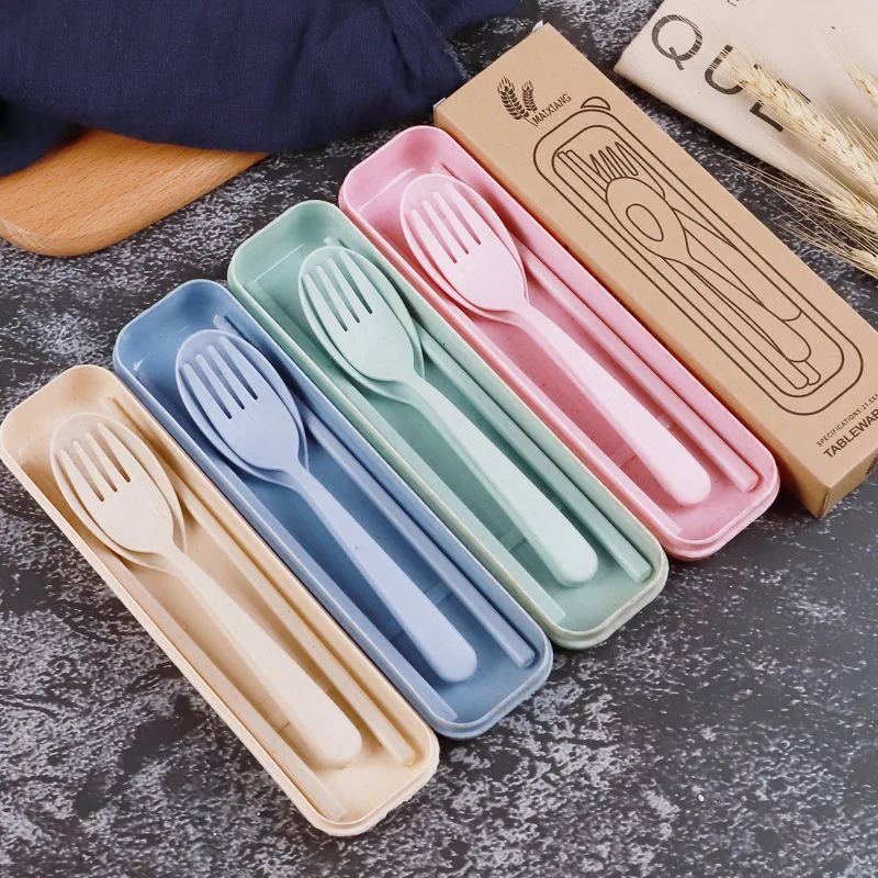 

New 3 Pcs Set Baby Utensils Wheat Straw Safety Tableware Children's Portable Spoon Fork Chopsticks Baby Kids Feeding Utensils