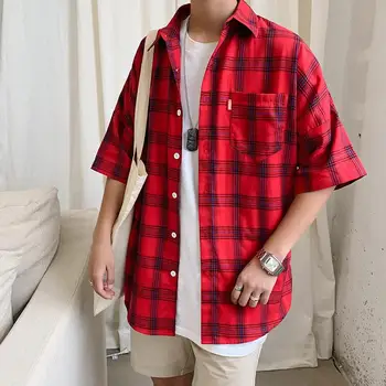 

M-5XL Single Breast Short Sleeve Plaid Shirt Summer Plus Size Checked Shirts Pocket Front Casual Design Blouse Men XXXXXL