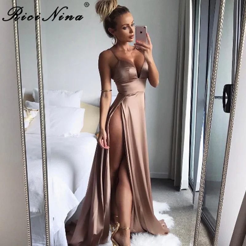RICININA 2019 Women Dress Woman Deep V Neck Spaghetti Strap Sexy Bodycon Long Dress Ladies Elegent Slit Party Dresses Vestidos