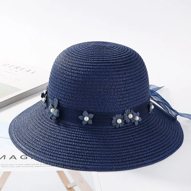 

2018 New Summer Women Straw Hat Ribbon Flower Sun Cap Pearl Decoration Straw Cap Female Outdoor Sunscreen Seaside Beach Sun Hat