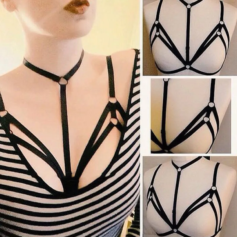 

2016 hot Sexy Women Pastel Goth Punk Cage Bra Garter Belt Pentagram Erotic Body Chest Harness Bridal Suspender Bondage Lingerie