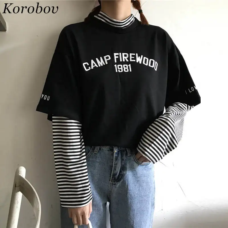 

Korobov 2019 Spring Autumn Stripe T Shirt Letter Figure Printed Tops Harajuku Long Sleeve Tee Woman Causal Patchwork T-shirt 270