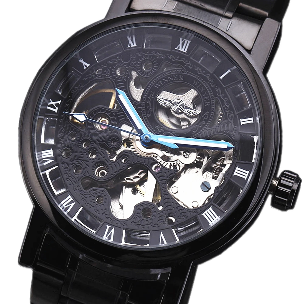 

New Winner New Style Full Black Skeleton Designer Watch Stainless Steel Top Brand Luxury relogio masculino Men Mechanical Watch