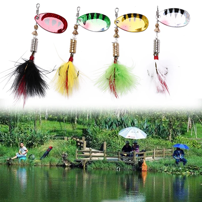

Spoon Bait ideal for Bass Trout Perch pike rotating Fishing with Feather Treble Hook Tackle Fishing Lure