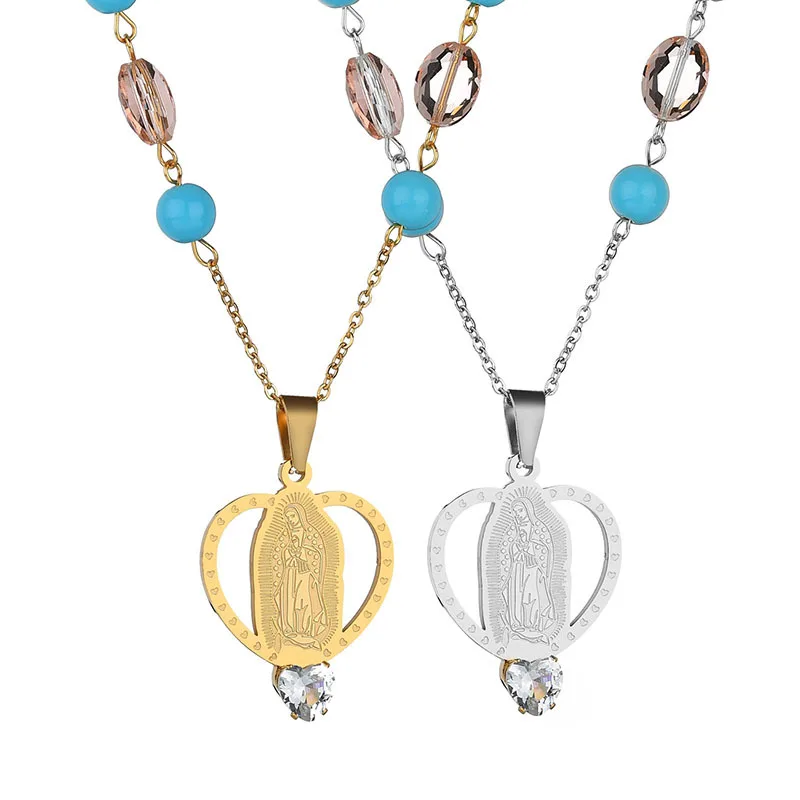 

SANDEI Jewelry Stainless steel Necklaces Guadalupe the Virgin Mary Maria HEART Pendant Necklace S-N748