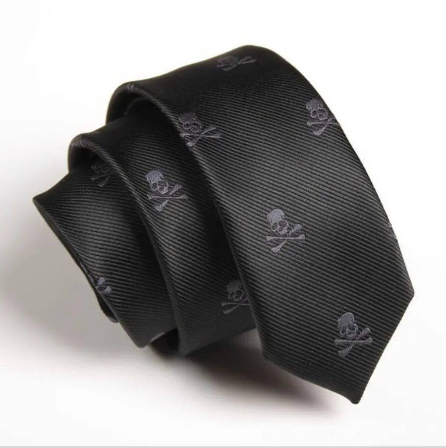 Mens Black Neck Tie Skull Classical Slim Skinny Ties Narrow Silk Groom Wedding Party Business Necktie SK251