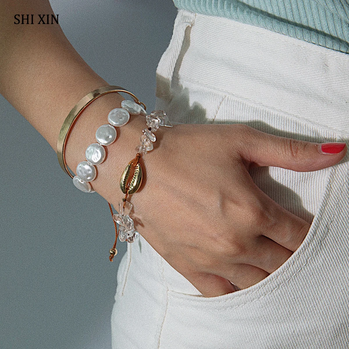 SHIXIN 3 шт очаровательный жемчужный/морской Набор браслетов модный натуральный камень/ракушка браслет для женщин ручная цепочка ювелирное изделие подарок
