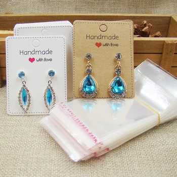 

6.5*5cm 2018 white/kraft jewelry paper Earring Cards "Handmade with love" printed jewelry earring cards 100pcs +100pcs opp bag
