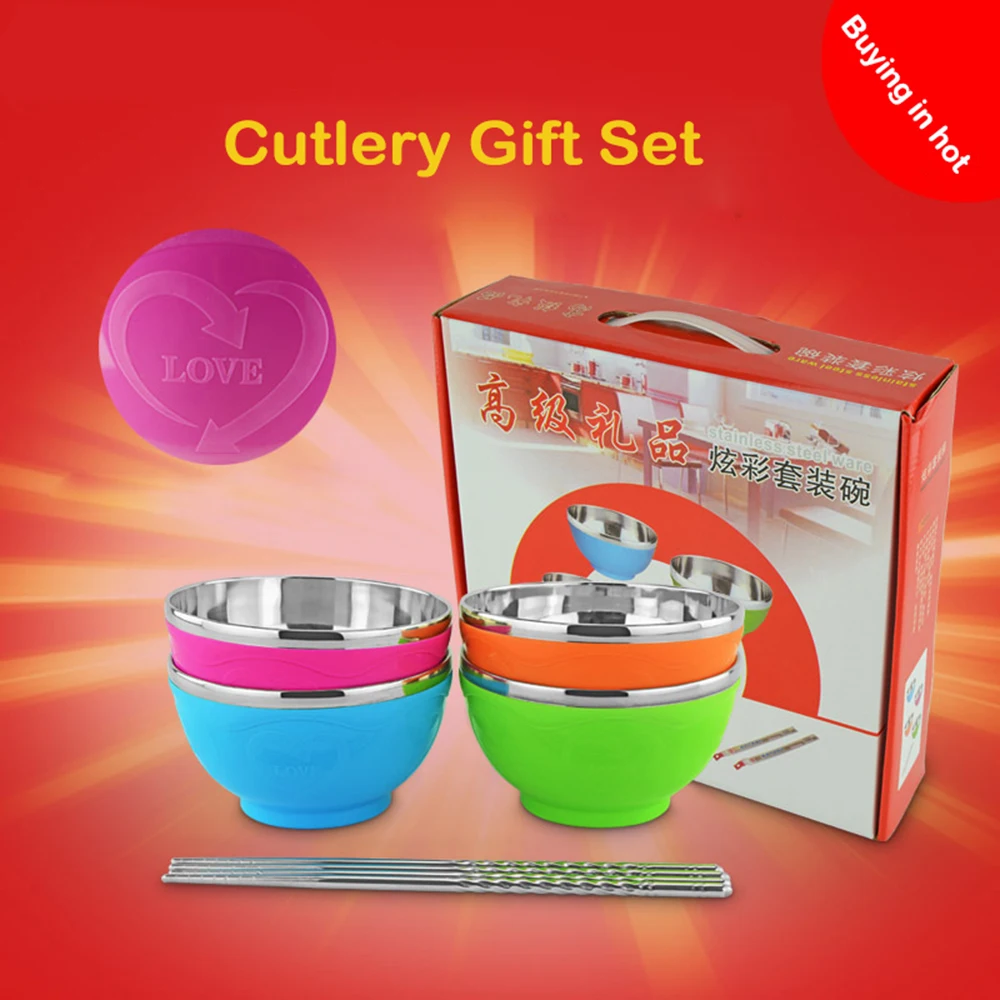 A set of 4 Colour Solid Creative Cute Children 304 Stainless Steel Bowl