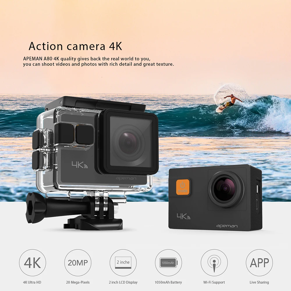 4K 20MP WIFI sott 'acqua 40M Impermeabile Videocamera Sci H APEMAN Action Camera A80 