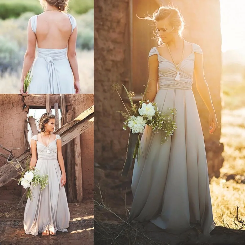 

2020 Cap Sleeves Backless Boho Summer Bridesmaid Dress A Line Chiffon Wedding Dress Floor Length Pleats Formal Dress