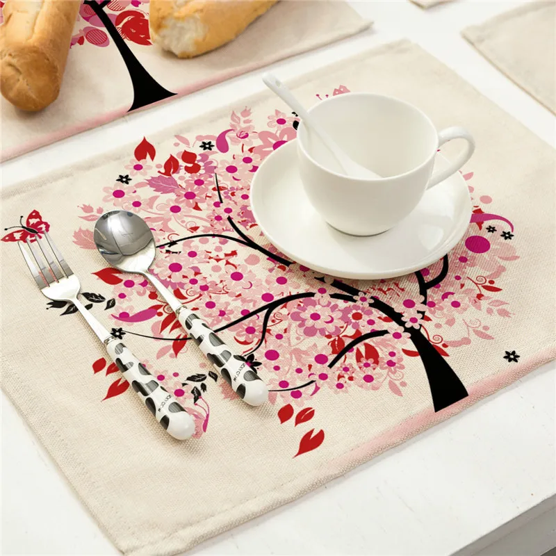 1Pcs Colorful Flower Tree Pattern Kitchen Placemat Coaster Dining Table Mat Cotton Linen Pad Cup Mats 42*32cm Home Decor MP0003