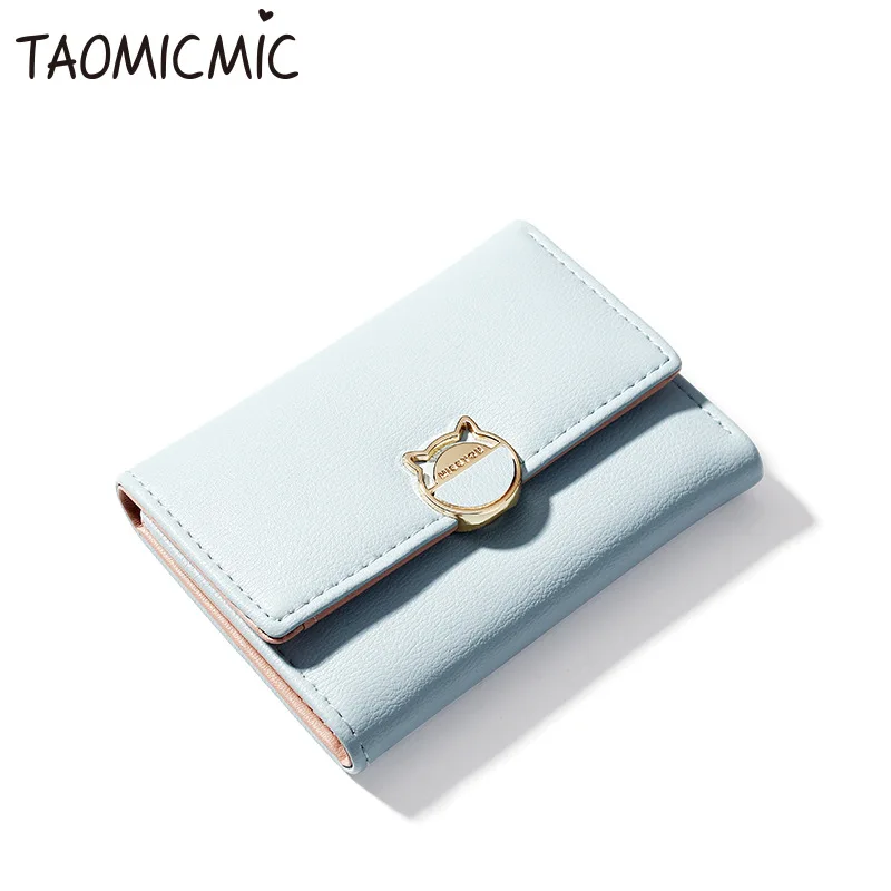 

Golden Cat Metal Lock Women Wallet PU Leather Cute Tri Fold Short Pink Purse For Girl Teenager Blue Card Money Bag