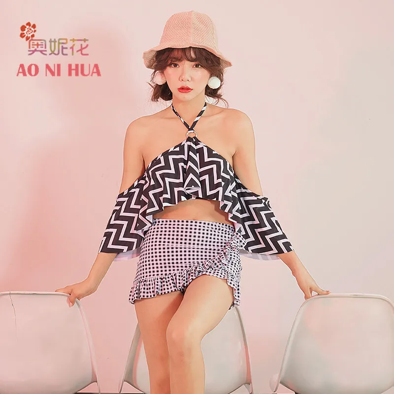 

AONIHUA 2018 New Ruffles Halter Design Bikini set with Skirt women swimsuit students paded push up Swimwear female bathing suit