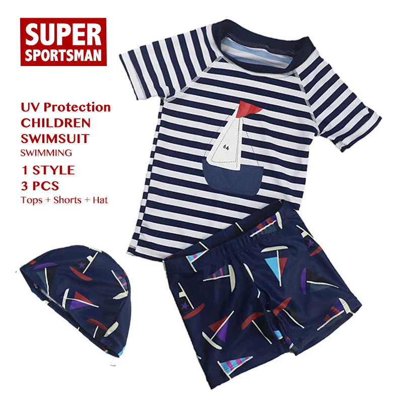 

3PCS Newborn Baby Boys Cartoon Swimwear Kids Anti-UV Striped Beach Wear Surfing Swimsuit Children Swim Hat Swimming Bathing Suit