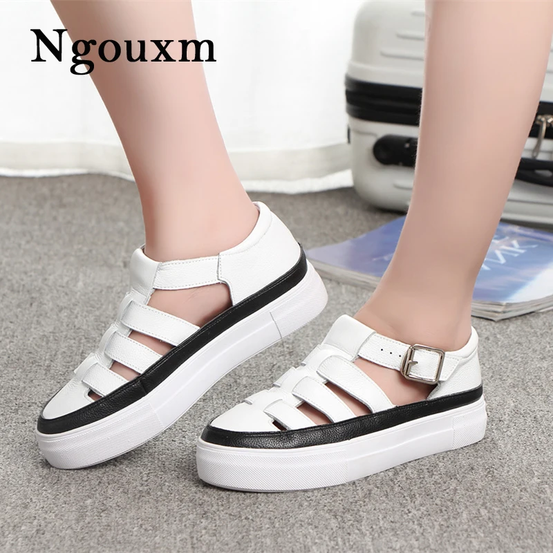 

Ngouxm 2019 New Design Summer Women Sandals woman Split Leather Shoes Casual Flat with Comfortable Buckle Strap