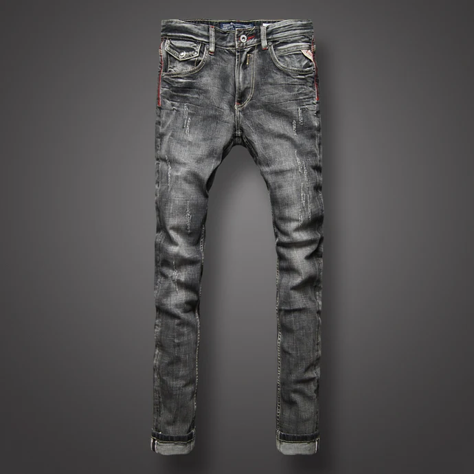 Итальянский Стиль модные Для мужчин джинсы Высокое качество Slim Fit темно-серый Рваные джинсы джинсовые штаны байкерские джинсы Homme